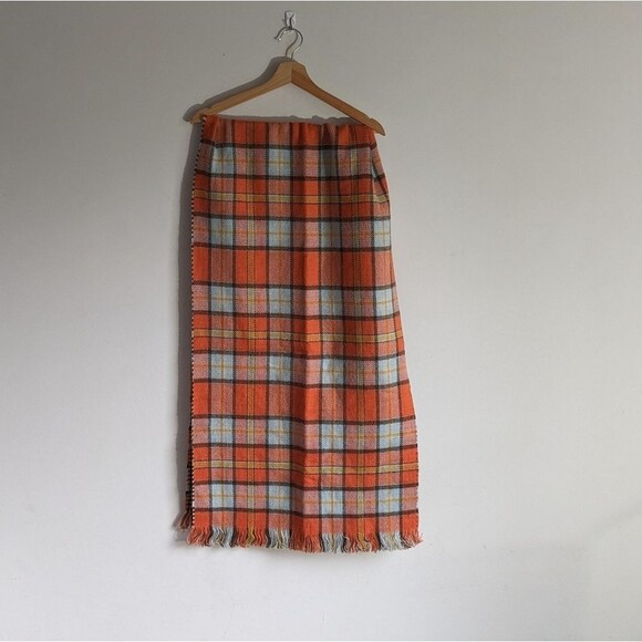 Brown Orange Houndestooth Plaid Fringe Scarf Muffler - Picture 2 of 4